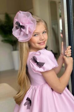 Kız Çocuk Balon Kollu Üzeri Kurdela Detaylı İçi Astarlı Saten Pudra Abiye