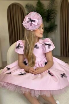 Kız Çocuk Balon Kollu Üzeri Kurdela Detaylı İçi Astarlı Saten Pudra Abiye