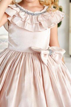 Kız Çocuk Göğsü Taş İşlemeli ve Fırfır Detaylı Krem Abiye