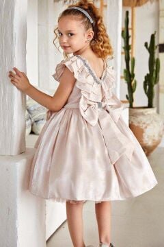 Kız Çocuk Göğsü Taş İşlemeli ve Fırfır Detaylı Krem Abiye