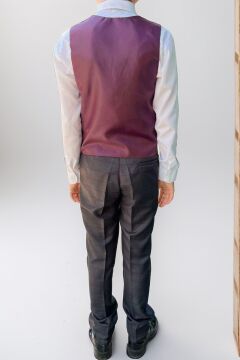 Erkek Çocuk Cepken Yelekli Ekose Desenli Mürdüm Çizgi Detaylı Takım Elbise 5-9 Yaş