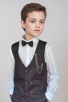 Erkek Çocuk Cepken Yelekli Ekose Desenli Mürdüm Çizgi Detaylı Takım Elbise 5-9 Yaş