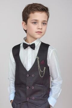 Erkek Çocuk Cepken Yelekli Ekose Desenli Mürdüm Çizgi Detaylı Takım Elbise 5-9 Yaş