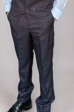 Erkek Çocuk Cepken Yelekli Ekose Desenli Mürdüm Çizgi Detaylı Takım Elbise 5-9 Yaş