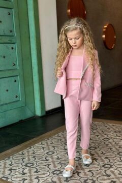 Kız Çocuk Yaka Kenarları İnci Taş İşlemeli Blazer Ceket Kolsuz Penye Crop Pembe Alt Üst Takım