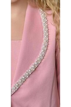 Kız Çocuk Yaka Kenarları İnci Taş İşlemeli Blazer Ceket Kolsuz Penye Crop Pembe Alt Üst Takım