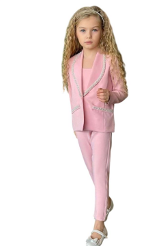 Kız Çocuk Yaka Kenarları İnci Taş İşlemeli Blazer Ceket Kolsuz Penye Crop Pembe Alt Üst Takım