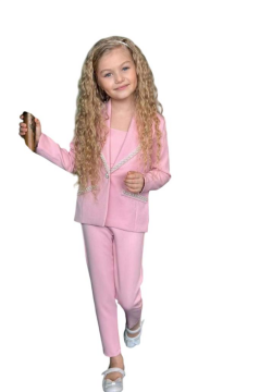 Kız Çocuk Yaka Kenarları İnci Taş İşlemeli Blazer Ceket Kolsuz Penye Crop Pembe Alt Üst Takım