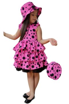 Kız Çocuk Kat Kat Fırfırlı Etek Ucu Tüllü Üzeri Üzeri Benekli Pembe Elbise