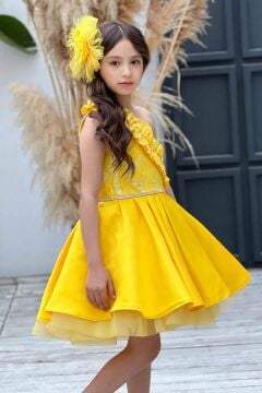 Kız Çocuk Tek Omuz Taş Detaylı Eteği Kabarık Sarı Abiye
