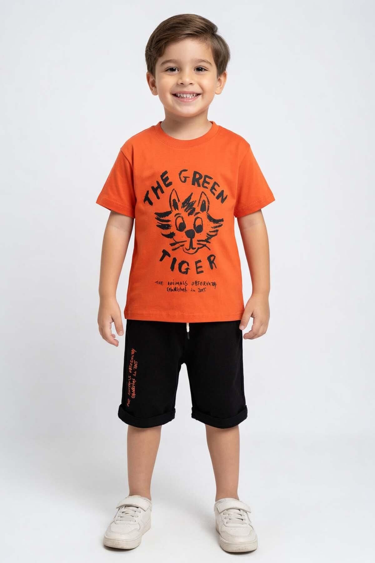 Erkek Çocuk Tiger Baskılı Kedi Detaylı Şortlu Takım