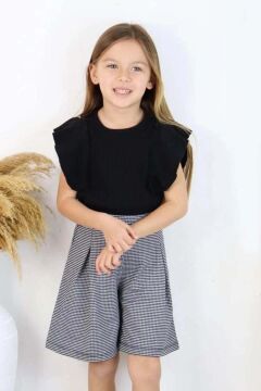 Kız Çocuk Bisiklet Yaka Kolları Salaş Ve Fırfır Detaylı Bluz Kare Desenli Fitilli Şortlu Takım