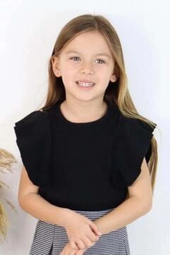 Kız Çocuk Bisiklet Yaka Kolları Salaş Ve Fırfır Detaylı Bluz Kare Desenli Fitilli Şortlu Takım