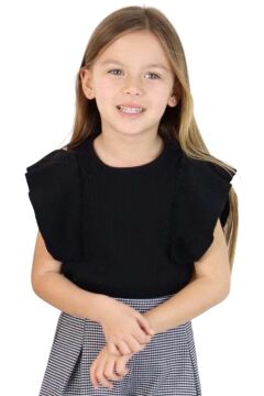 Kız Çocuk Bisiklet Yaka Kolları Salaş Ve Fırfır Detaylı Bluz Kare Desenli Fitilli Şortlu Takım