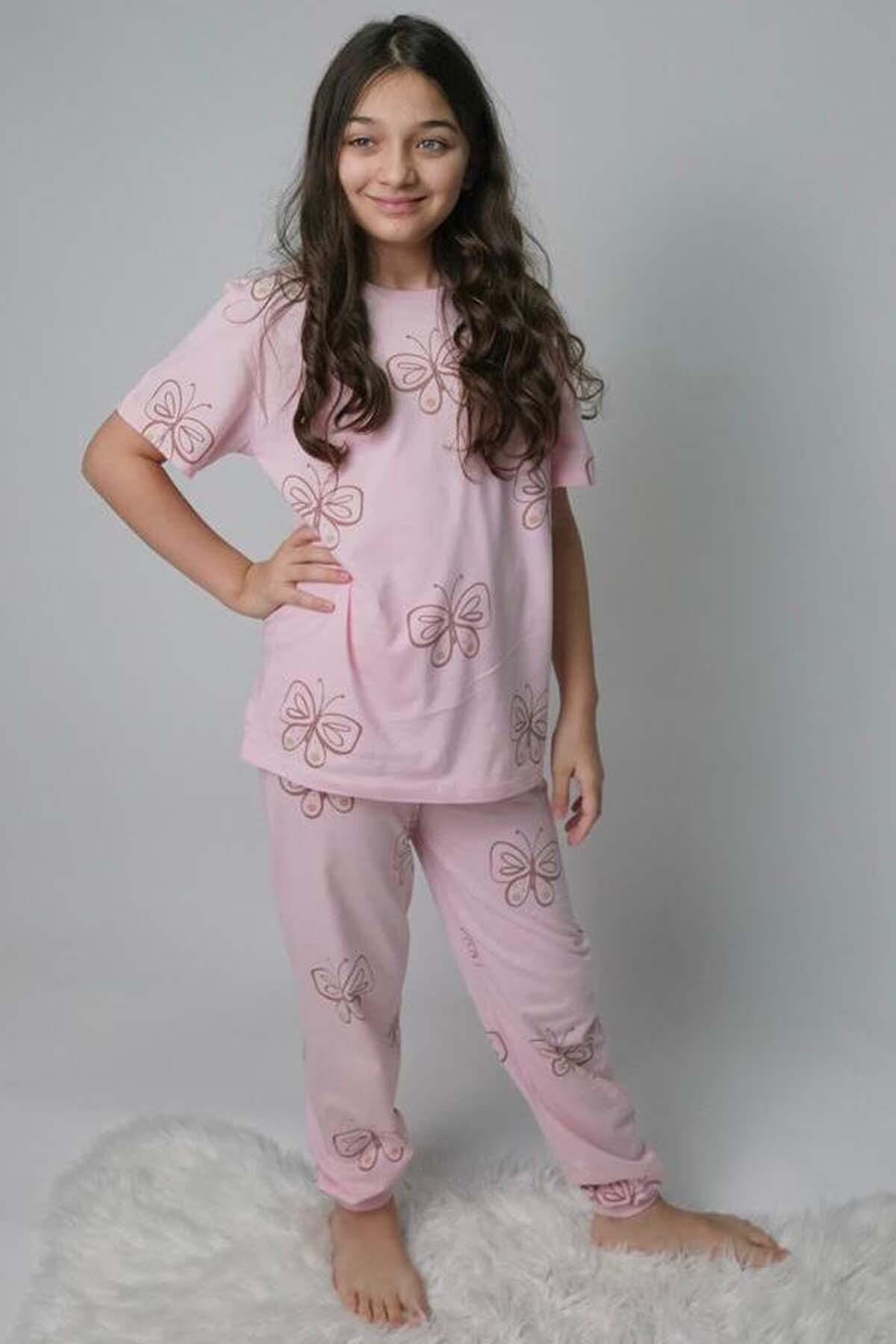Kız Çocuk Kelebek Desenli T-Shirt Pembe Pijama Takımı 8-14 Yaş