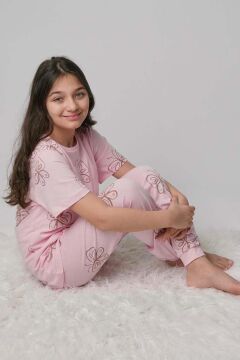 Kız Çocuk Kelebek Desenli T-Shirt Pembe Pijama Takımı 8-14 Yaş