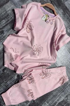 Kız Çocuk Kelebek Desenli T-Shirt Pembe Pijama Takımı 8-14 Yaş