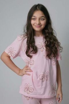Kız Çocuk Kelebek Desenli T-Shirt Pembe Pijama Takımı 8-14 Yaş