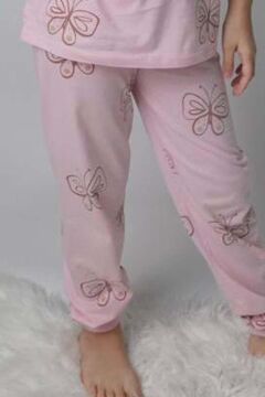Kız Çocuk Kelebek Desenli T-Shirt Pembe Pijama Takımı 8-14 Yaş