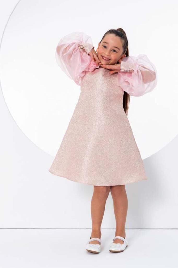 Kız Çocuk Çiçekli Boyunluk Hediyeli Şeffaf Karpuz Kollu Üzeri Simli Pembe  Elbise