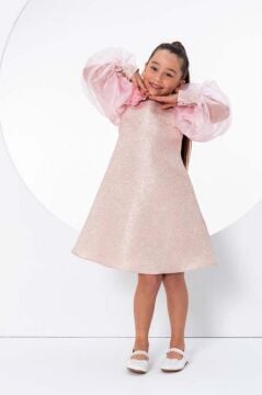 Kız Çocuk Çiçekli Boyunluk Hediyeli Şeffaf Karpuz Kollu Üzeri Simli Pembe  Elbise