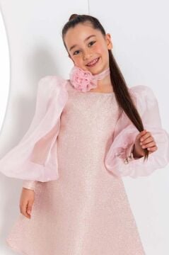 Kız Çocuk Çiçekli Boyunluk Hediyeli Şeffaf Karpuz Kollu Üzeri Simli Pembe  Elbise