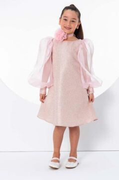 Kız Çocuk Çiçekli Boyunluk Hediyeli Şeffaf Karpuz Kollu Üzeri Simli Pembe  Elbise