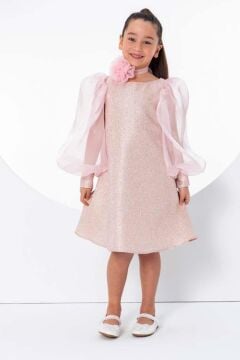 Kız Çocuk Çiçekli Boyunluk Hediyeli Şeffaf Karpuz Kollu Üzeri Simli Pembe  Elbise