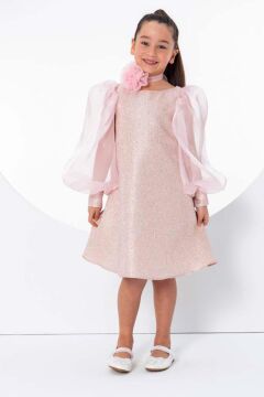 Kız Çocuk Çiçekli Boyunluk Hediyeli Şeffaf Karpuz Kollu Üzeri Simli Pembe  Elbise