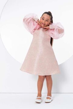 Kız Çocuk Çiçekli Boyunluk Hediyeli Şeffaf Karpuz Kollu Üzeri Simli Pembe  Elbise