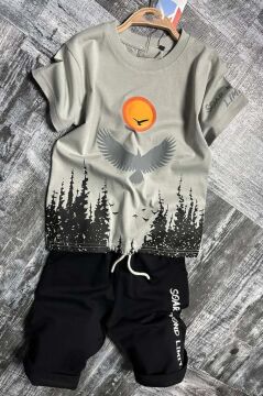 Erkek Çocuk Ağaç ve Güneş Baskılı T-shirt Yazı Detaylı Gri Şortlu Takım