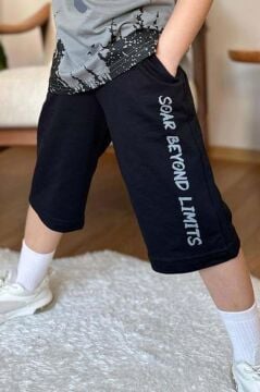 Erkek Çocuk Ağaç ve Güneş Baskılı T-shirt Yazı Detaylı Gri Şortlu Takım