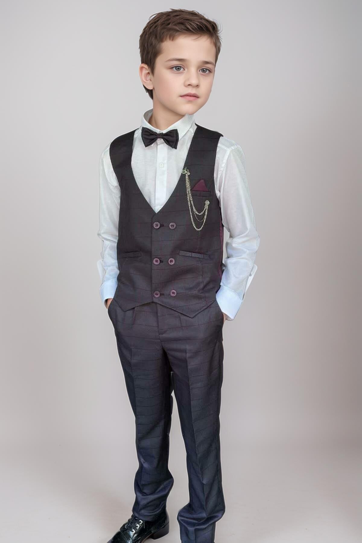 Erkek Çocuk Cepken Yelekli Ekose Desenli Mürdüm Çizgi Detaylı Takım Elbise 10-14 Yaş