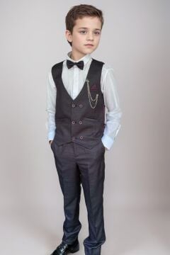 Erkek Çocuk Cepken Yelekli Ekose Desenli Mürdüm Çizgi Detaylı Takım Elbise 10-14 Yaş