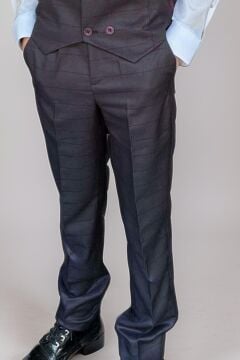 Erkek Çocuk Cepken Yelekli Ekose Desenli Mürdüm Çizgi Detaylı Takım Elbise 10-14 Yaş