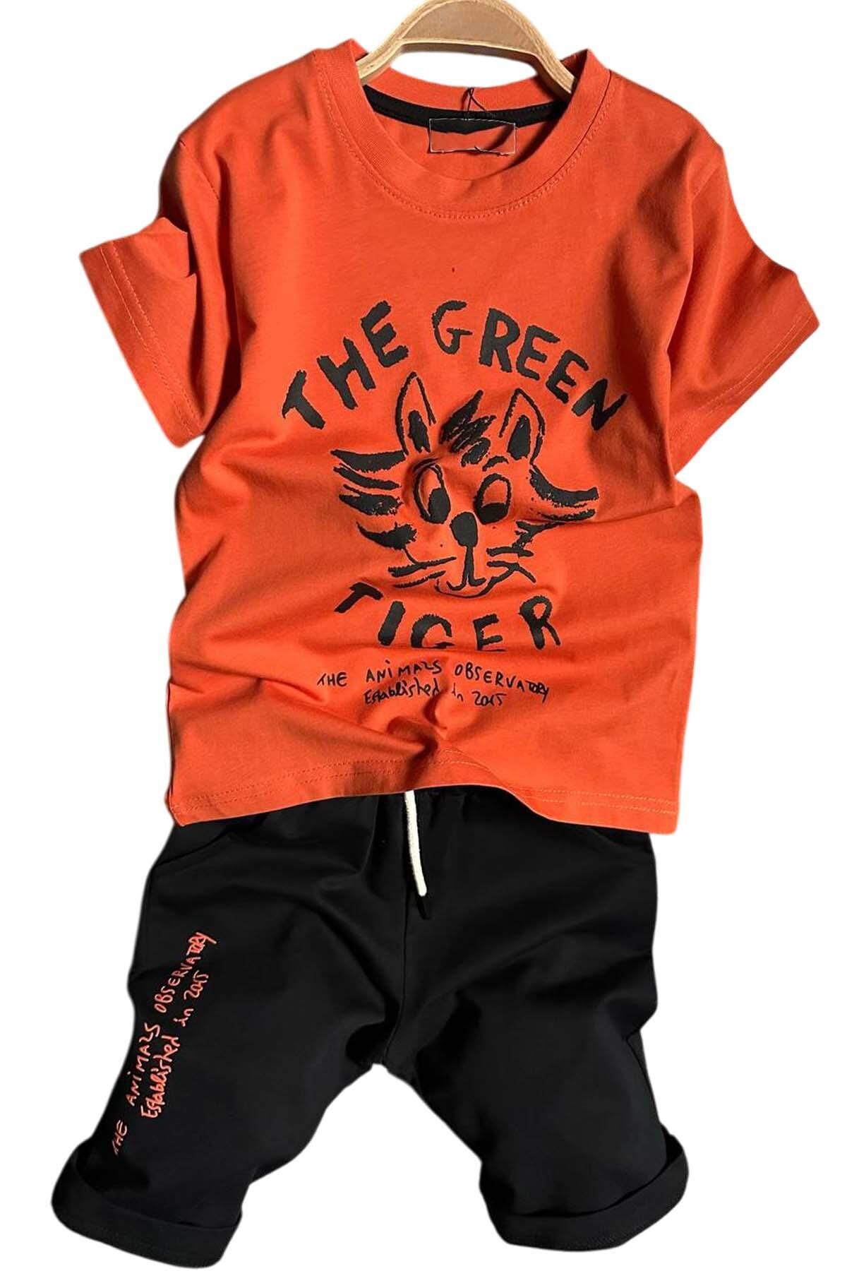 Erkek Çocuk Kedi ve Yazı Baskılı Turuncu T-Shirt Şortlu Takımı