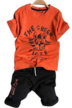 Erkek Çocuk Kedi ve Yazı Baskılı Turuncu T-Shirt Şortlu Takımı
