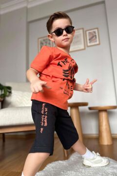Erkek Çocuk Kedi ve Yazı Baskılı Turuncu T-Shirt Şortlu Takımı