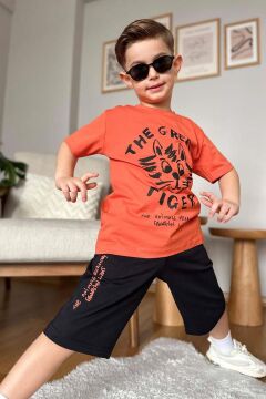 Erkek Çocuk Kedi ve Yazı Baskılı Turuncu T-Shirt Şortlu Takımı