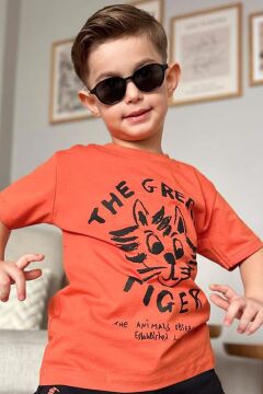 Erkek Çocuk Kedi ve Yazı Baskılı Turuncu T-Shirt Şortlu Takımı