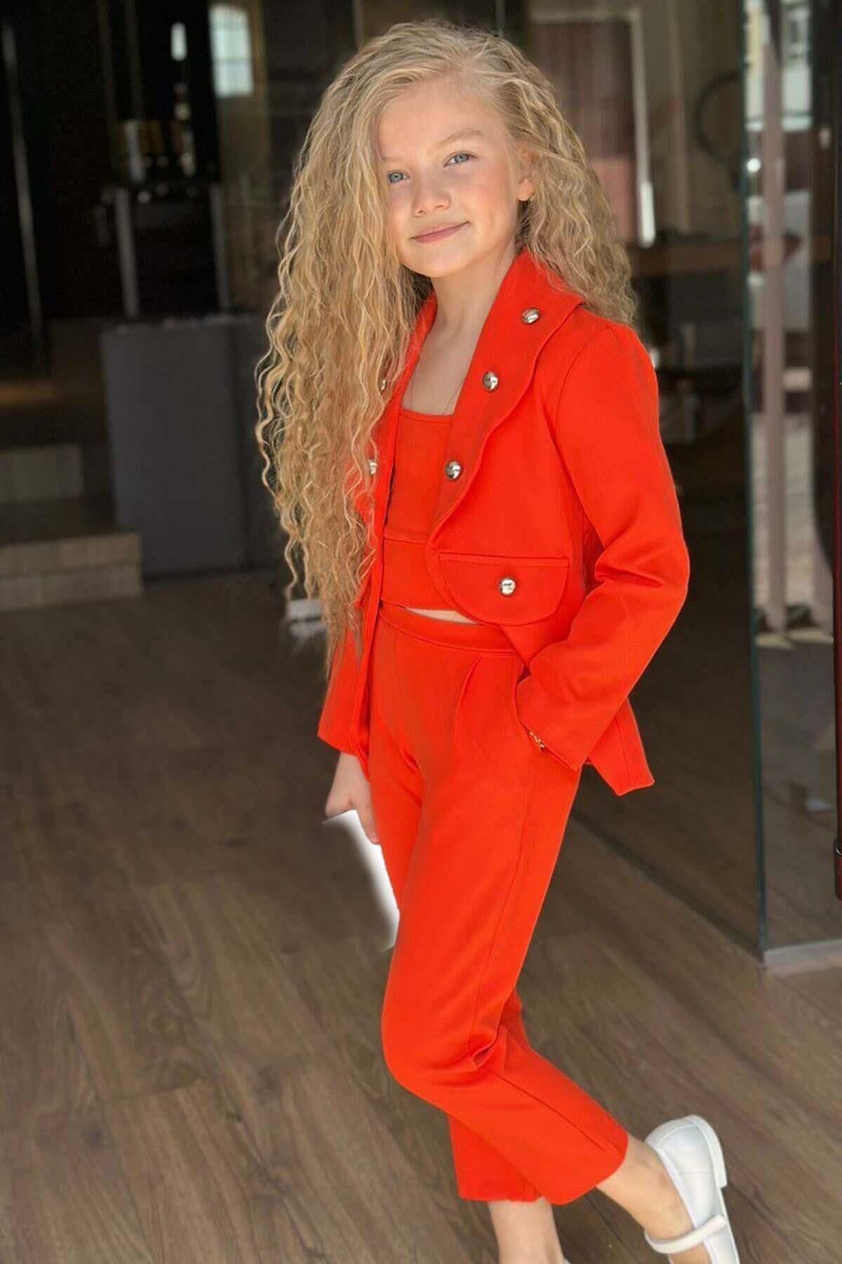 Kız Çocuk Gümüş Düğme Detaylı Blazer Ceket ve Turuncu Alt Üst Takım