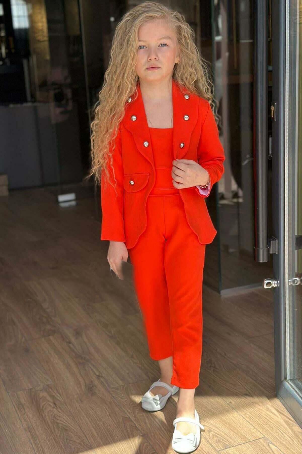 Kız Çocuk Gümüş Düğme Detaylı Blazer Ceket ve Turuncu Alt Üst Takım