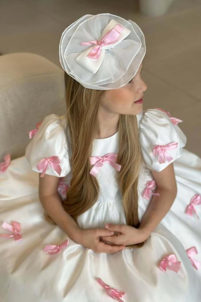 Kız Çocuk Balon Kollu Üzeri Pembe Kurdela Detaylı İçi Astarlı Saten Abiye