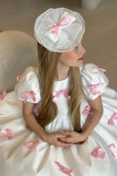 Kız Çocuk Balon Kollu Üzeri Pembe Kurdela Detaylı İçi Astarlı Saten Abiye