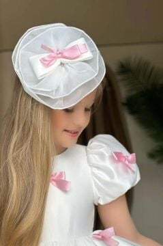 Kız Çocuk Balon Kollu Üzeri Pembe Kurdela Detaylı İçi Astarlı Saten Abiye