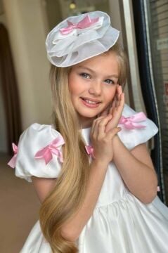 Kız Çocuk Balon Kollu Üzeri Pembe Kurdela Detaylı İçi Astarlı Saten Abiye