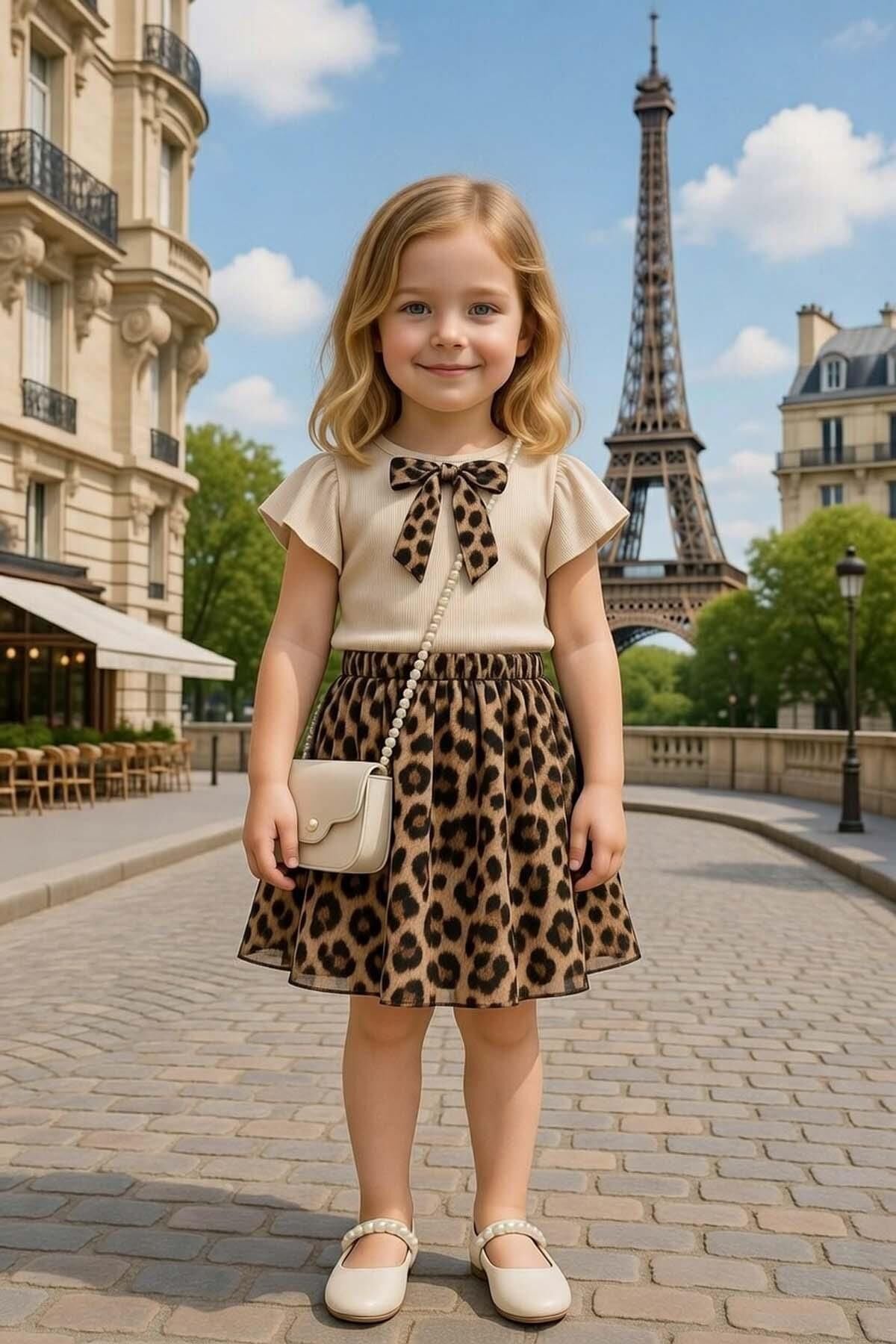 Kız Çocuk Göğsünde Kurdele Detaylı Kısa Kollu Bluz Üzeri Leopar Detaylı Kehribar Etekli Takım