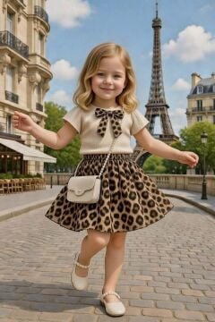 Kız Çocuk Göğsünde Kurdele Detaylı Kısa Kollu Bluz Üzeri Leopar Detaylı Kehribar Etekli Takım