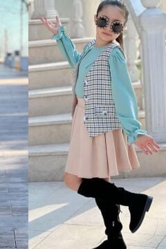 Kız Çocuk Çizgili Cepken ve Gömlek Yaka Yeşil Bluz Etekli Takım