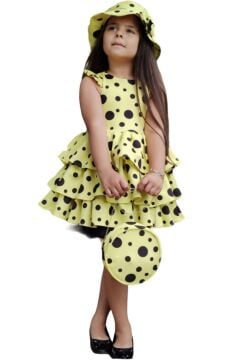 Kız Çocuk Kat Kat Fırfırlı Etek Ucu Tüllü Üzeri Üzeri Benekli Sarı Elbise